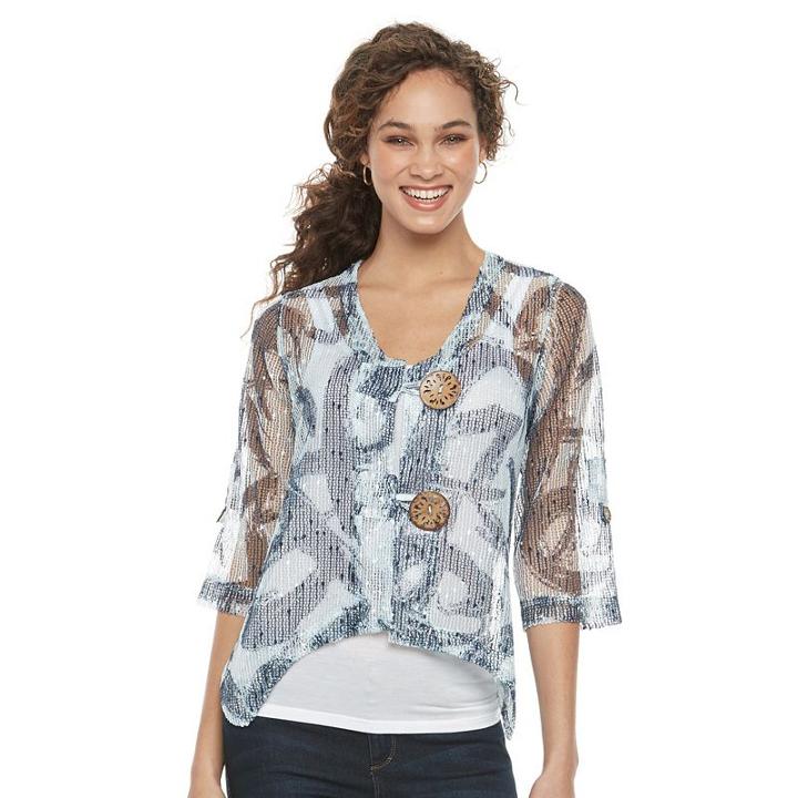 Women's Nina Leonard Open-work Embellished Cardigan, Size: Large, Blue (navy)