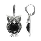 Lavish By Tjm Sterling Silver Onyx And Crystal Owl Drop Earrings - Made With Swarovski Marcasite, Women's, Black