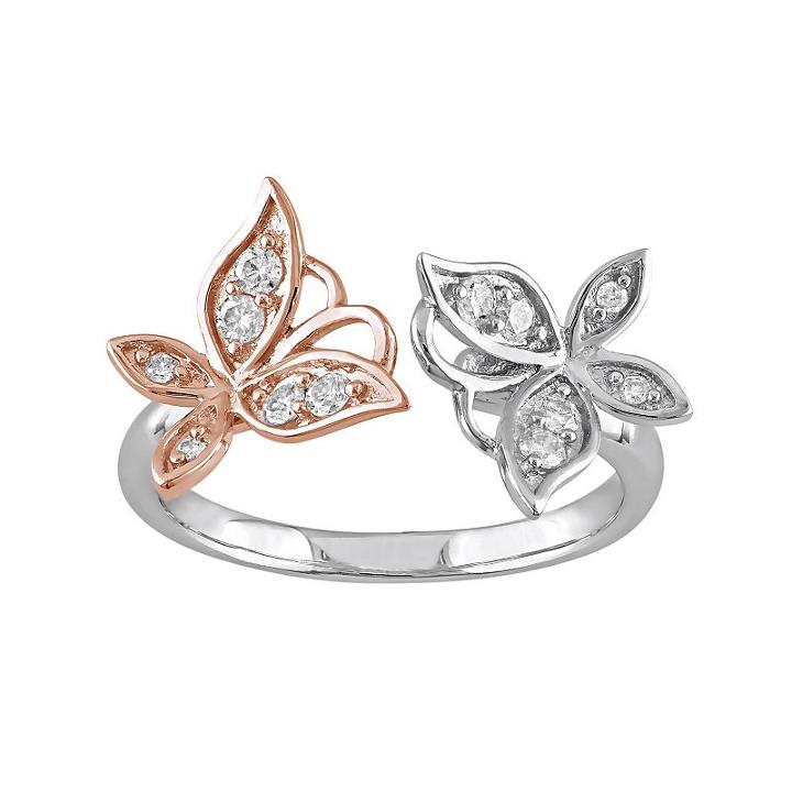 Laura Ashley Two Tone Sterling Silver 1/4 Carat T.w. Diamond Butterfly Ring, Women's, Size: 7, White