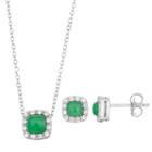 Sterling Silver Simulated Jade & Cubic Zirconia Cushion Halo Pendant & Stud Earring Set, Women's, Size: 18, Green