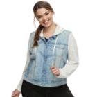 Juniors' Plus Size Mudd&reg; Hooded Knit Sleeve Jean Jacket, Teens, Size: 1xl, Blue