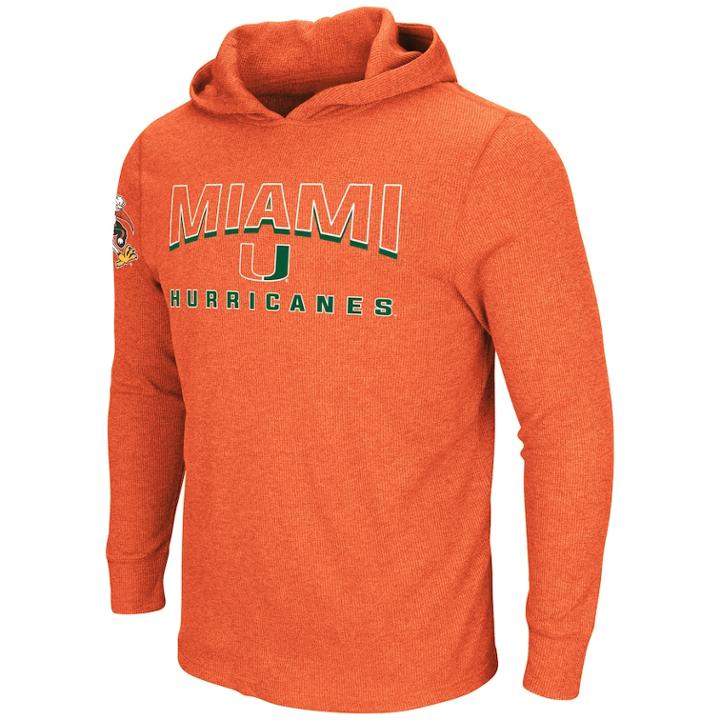Men's Miami Hurricanes Thermal Hooded Tee, Size: Large, Drk Orange