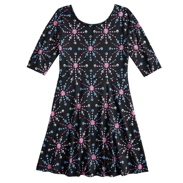 Girls 7-16 & Plus Size So&reg; Elbow Sleeve Graphic Print Skater Dress, Size: 16 1/2, Black