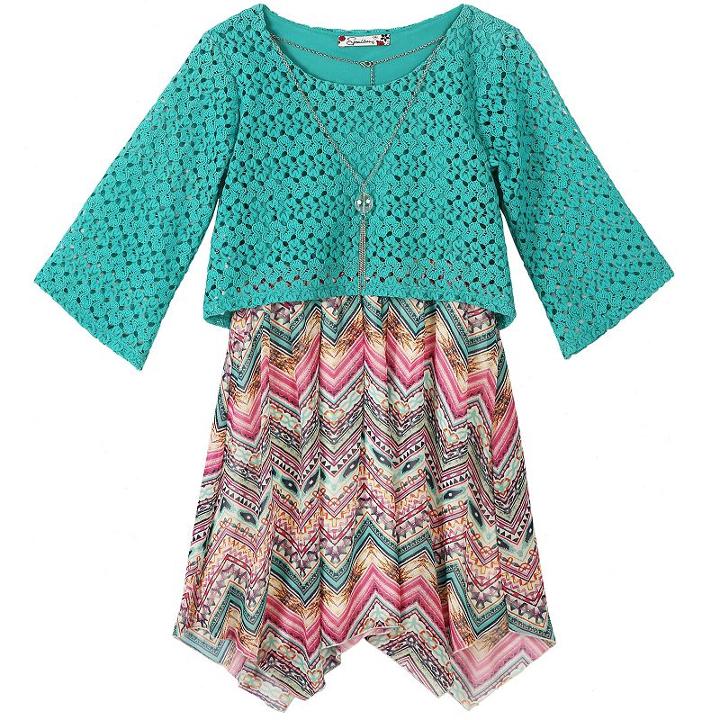 Girls 7-16 Speechless Perforated Overlay & Printed Handkerchief Hem Dress With Necklace, Girl's, Size: 14, Dark Red