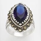 Silver Tone Marcasite And Simulated Sapphire Ring, Size: 7, Blue