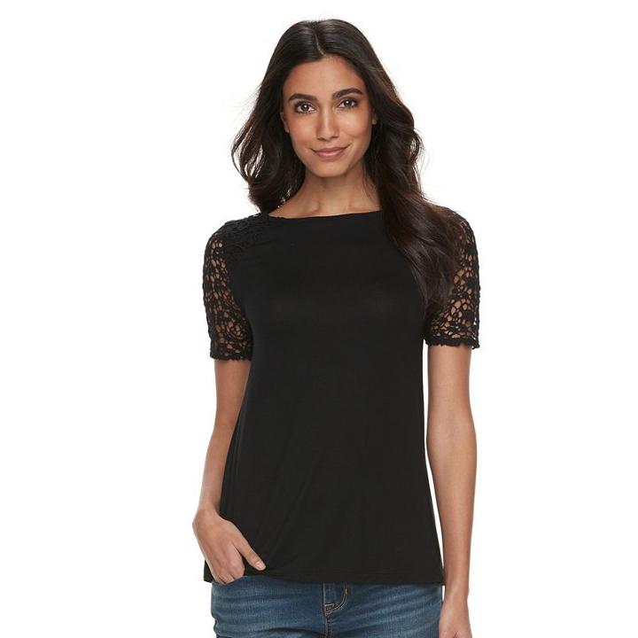 Petite Apt. 9&reg; Crochet Sleeve Tee, Women's, Size: L Petite, Black