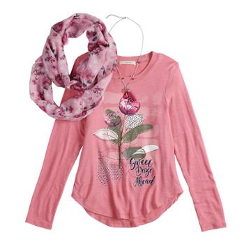 Girls 7-16 & Plus Size Self Esteem High-low Graphic Top Set With Scarf & Necklace, Size: Xxl Plus, Brt Pink