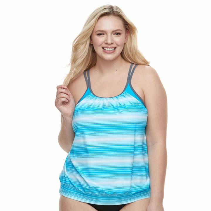 Plus Size Free Country Stripe Blouson Tankini Top, Women's, Size: 3xl, Blue