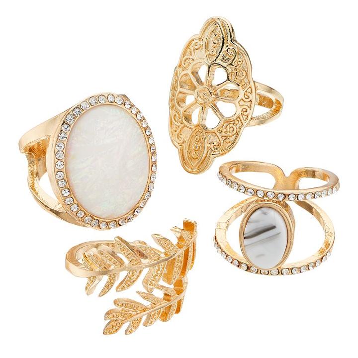 Oval, Flower & Leaf Ring Set, Women's, Size: 7, Gold