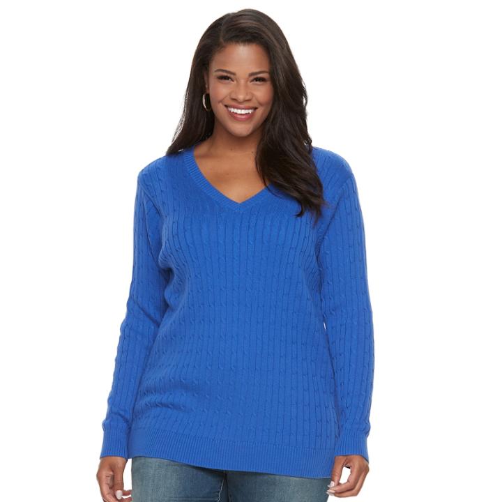 Plus Size Croft & Barrow&reg; Cable-knit V-neck Sweater, Women's, Size: 1xl, Blue (navy)