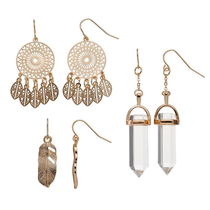 Mudd&reg; Dream Catcher, Feather & Faceted Stone Nickel Free Drop Earring Set, Women's, Gold
