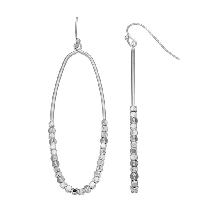 Beaded Oval Hoop Nickel Free Drop Earrings, Women's, Silver