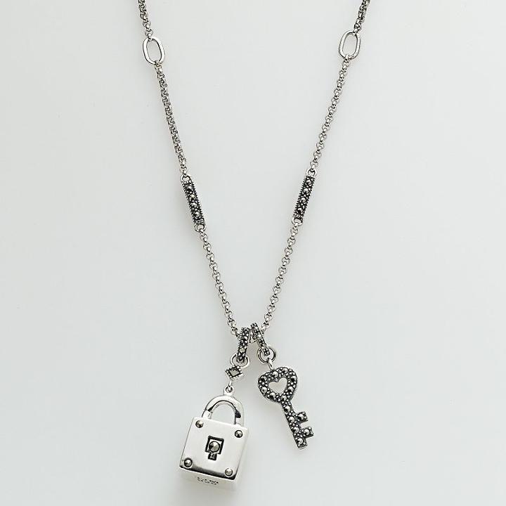 Lavish By Tjm Sterling Silver Lock And Heart Key Pendant - Made With Swarovski Marcasite, Women's, Grey