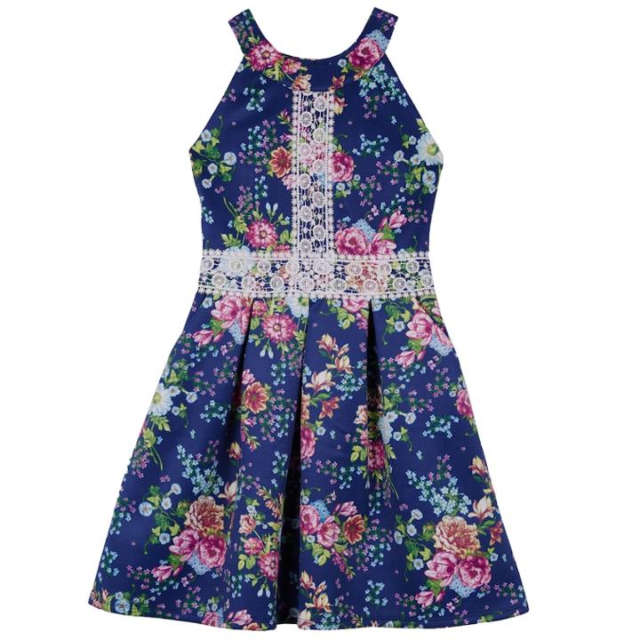 Girls 7-16 Iz Amy Byer Crochet Detail Floral Scuba Dress, Size: 14, Blue