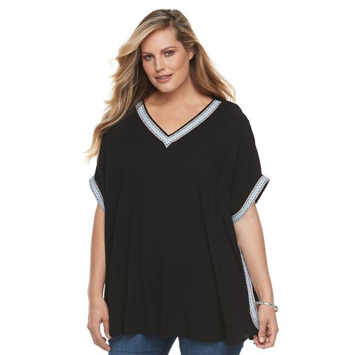 Plus Size Design 365 Ribbon-trim Poncho Top, Women's, Size: 1xl, Black