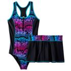 Girls Plus Size Zeroxposur Tropical Flower One-piece & Skirt Swimsuit Set, Girl's, Size: 14 1/2, Med Blue