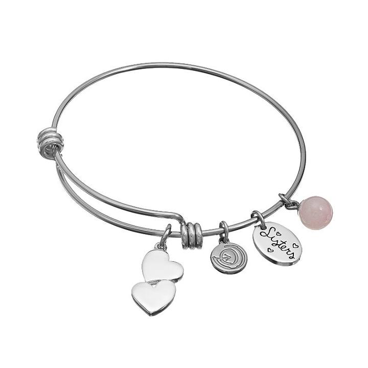 Love This Life Rose Quartz Stainless Steel & Silver-plated Sisters & Heart Charm Bangle Bracelet, Women's, Multicolor