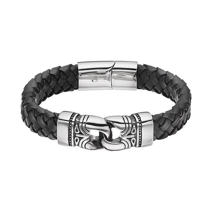 Focus For Men Stainless Steel & Black Leather Braided Tribal Bracelet