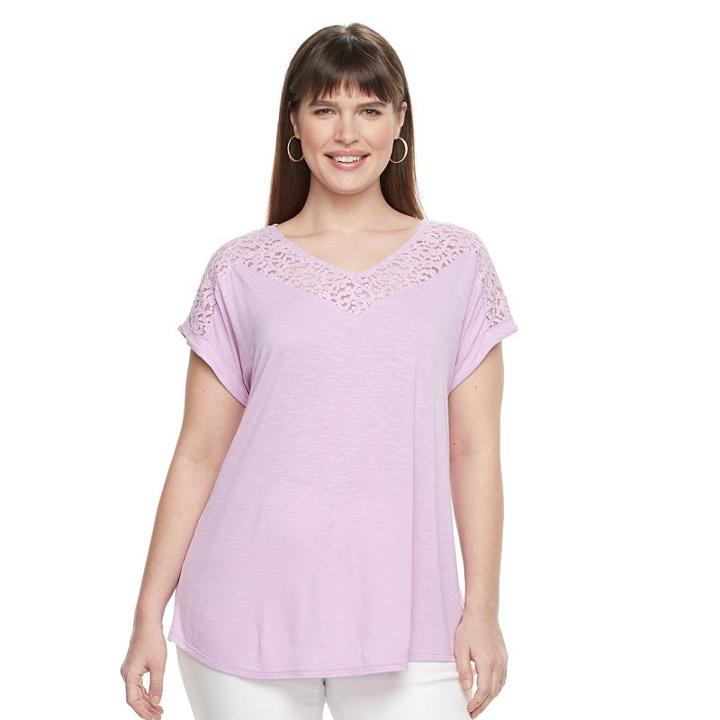 Plus Size Apt. 9&reg; Lace-trim V-neck Tee, Women's, Size: 0x, Lt Purple