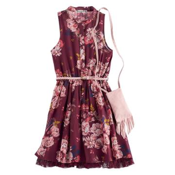 Girls 7-16 Knit Works Floral Chiffon Shirtdress With Crossbody Fringe Purse, Size: 10, Dark Red