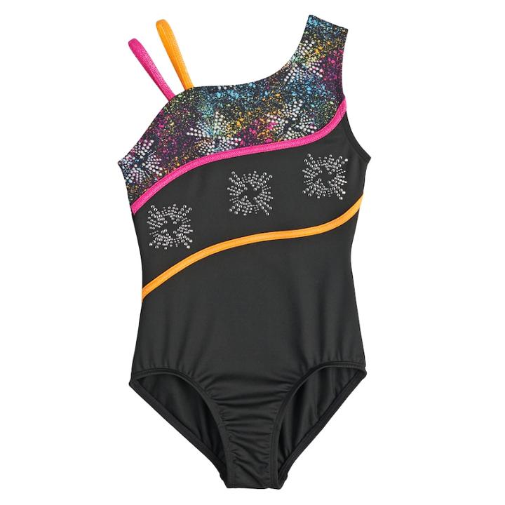 Girls 4-14 Jacques Moret Spotty Dots Asymetrical Dance Leotard, Size: Medium, Black