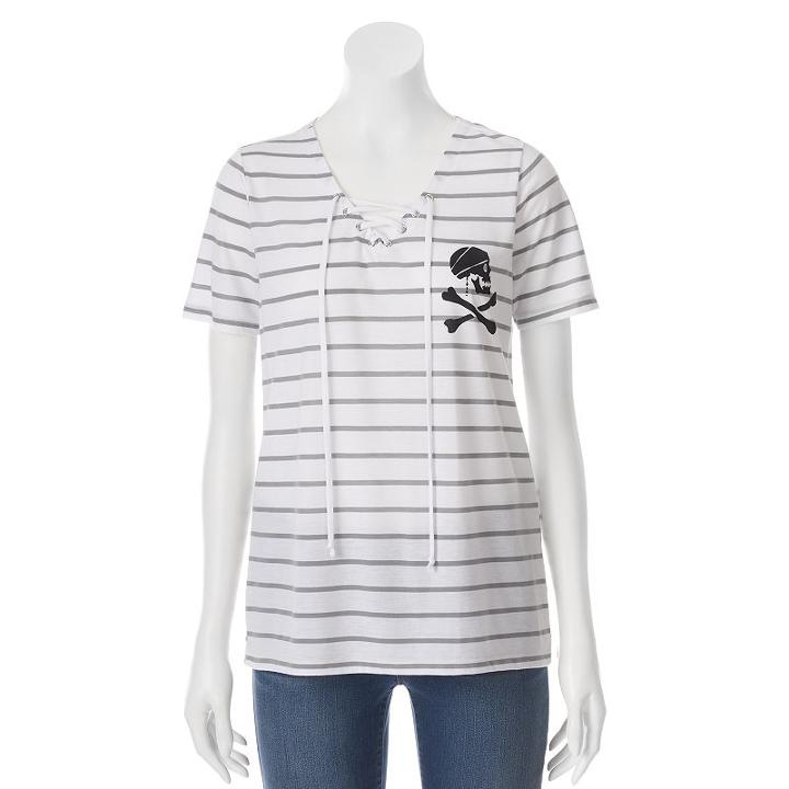 Disney's Pirates Of The Caribbean: Dead Men Tell No Tales Juniors' Skull Lace-up Graphic Tee, Size: Large, White