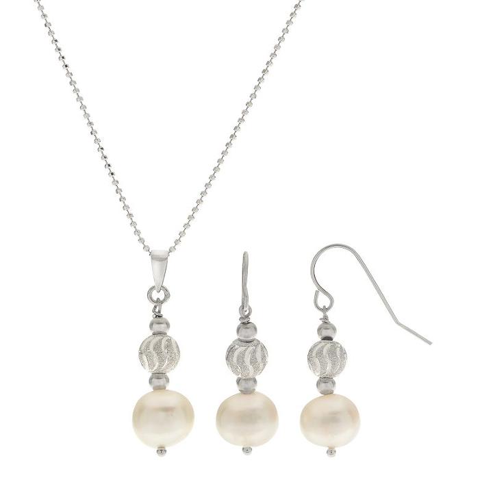 Pearlustre By Imperial Sterling Silver Freshwater Cultured Pearl & Bead Pendant & Drop Earring Set, Women's, Size: 18, White