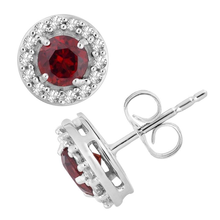 10k White Gold Garnet & 1/6 Carat T.w. Diamond Halo Stud Earrings, Women's, Size: 18, Red