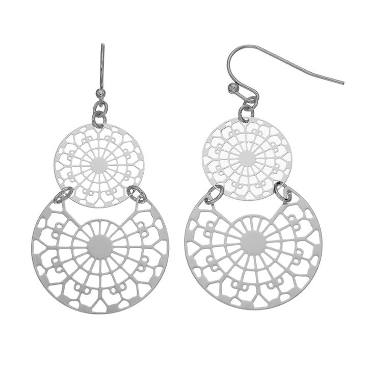 Filigree Disc Nickel Free Double Drop Earrings, Women's, Silver