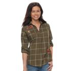 Petite Sonoma Goods For Life&trade; Embroidered Plaid Shirt, Women's, Size: S Petite, Green