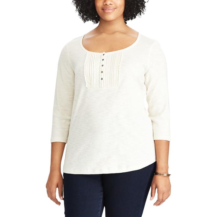 Plus Size Chaps Cotton Pintuck Lace Bib Top, Women's, Size: 3xl, White
