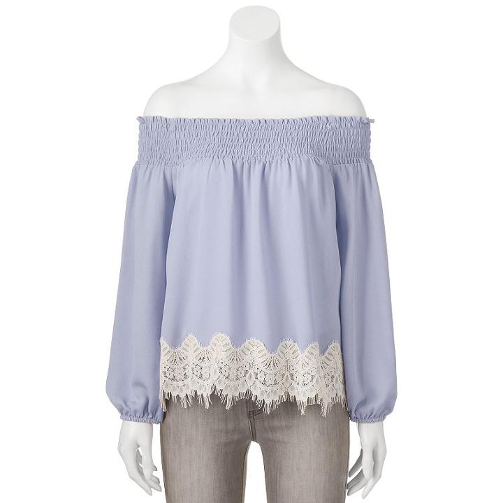 Juniors' About A Girl Lace Hem Off-the-shoulder Top, Size: Small, Dark Blue