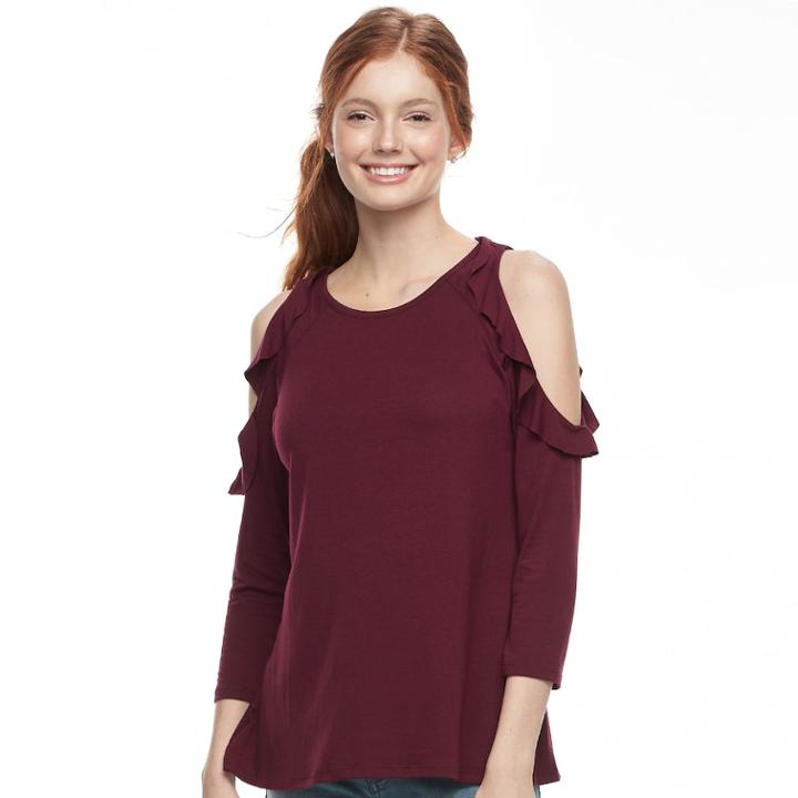 Juniors' Eye Candy Ruffle Cold Shoulder Top, Teens, Size: Large, Med Purple