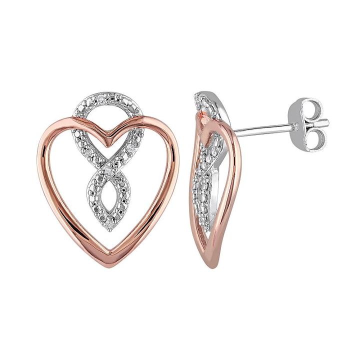 Diamond Accent Two Tone Sterling Silver Infinity & Heart Earrings, Women's, White