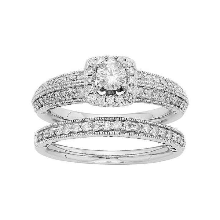14k White Gold Igl Certified 1 Carat T.w. Diamond Halo Engagement Ring Set, Women's, Size: 7