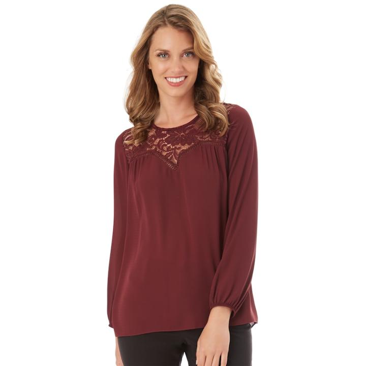 Women's Apt. 9&reg; Lace Yoke Top, Size: Regular, Dark Red