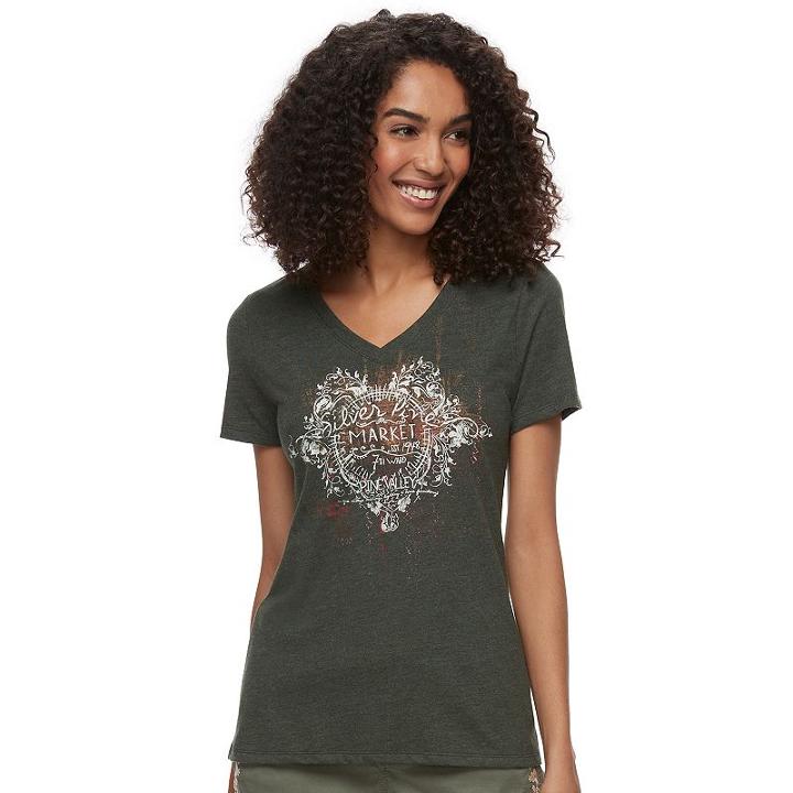 Women's Graphic V-neck Tee, Size: Xl, Med Green