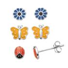 Charming Girl Kids' Sterling Silver Ladybug, Butterfly & Flower Stud Earring Set, Grey