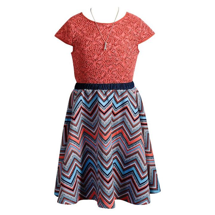 Girls 7-16 & Plus Size Emily West Lace & Chevron Dress With Necklace, Size: 16, Multicolor