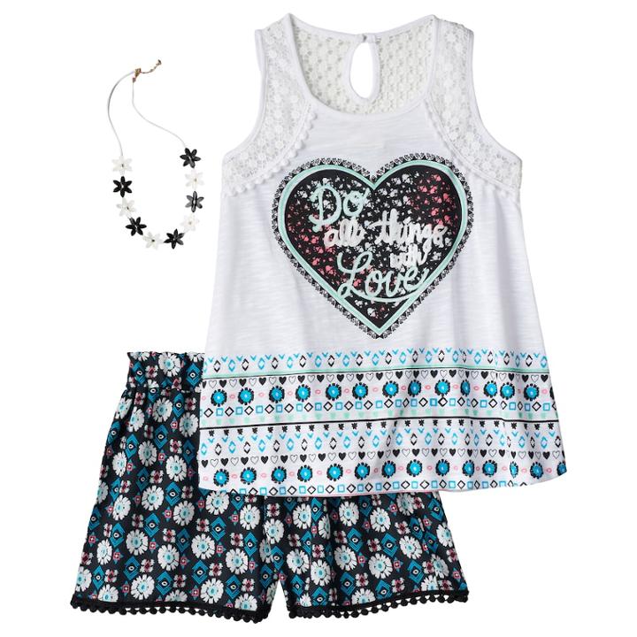 Girls 7-16 Self Esteem Crochet Lace Trim Tank Top & Flowy Shorts Set With Necklace, Size: Large, White