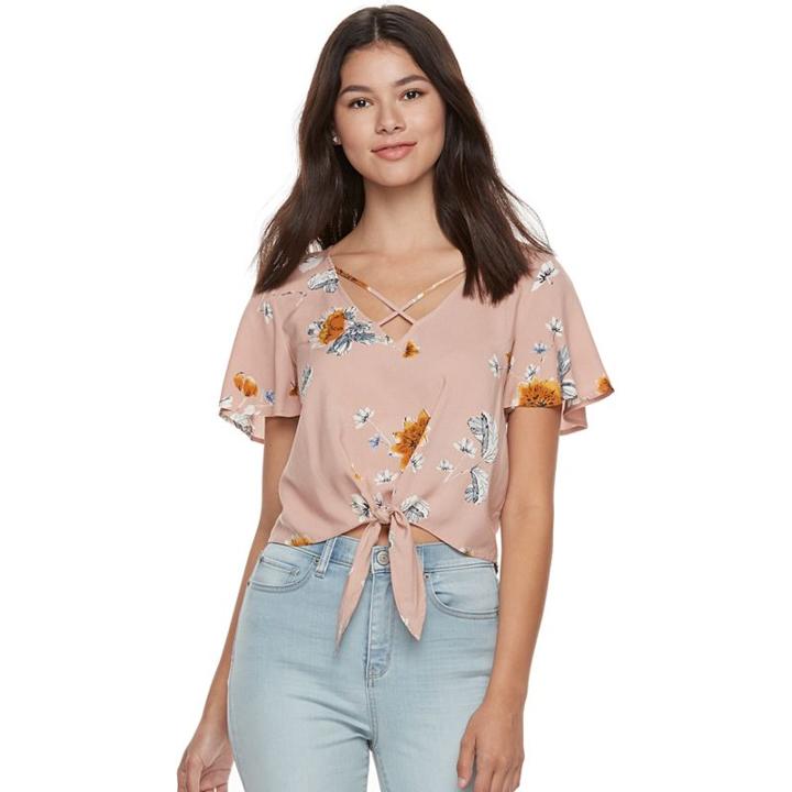 Juniors' Mudd&reg; Print Tie Front Top, Girl's, Size: Small, Brt Pink