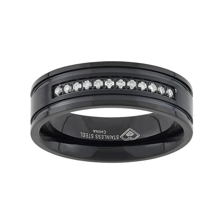 1/6 Carat T.w. Diamond Black Ion-plated Stainless Steel Wedding Band - Men, Size: 7.50