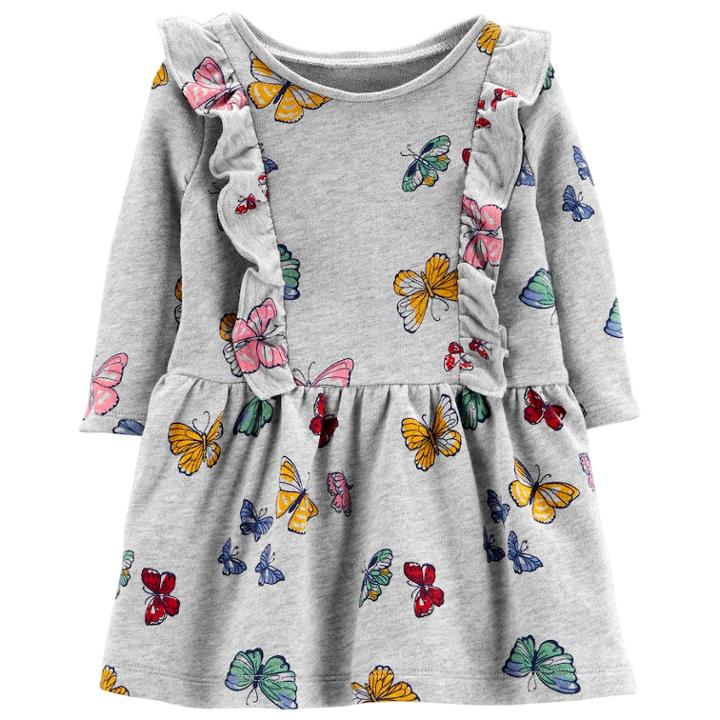 Baby Girl Carter's Print Ruffled Dress, Size: 6 Months, Grey Butterfly