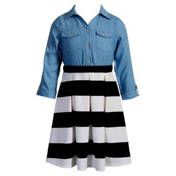Girls 7-16 Emily West Knit Chambray & Striped Skirt Dress, Size: 14, Dark Blue
