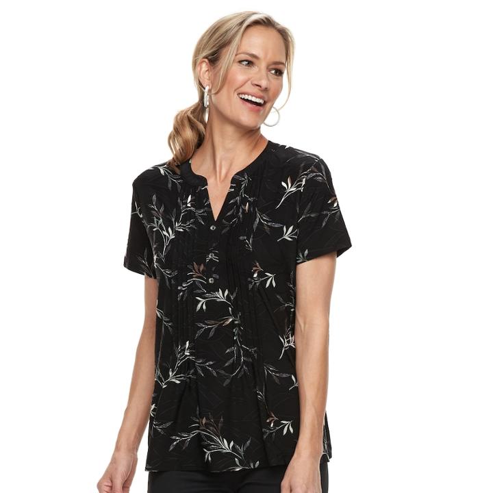 Women's Croft & Barrow&reg; Jacquard Pintuck Henley Top, Size: Medium, Black
