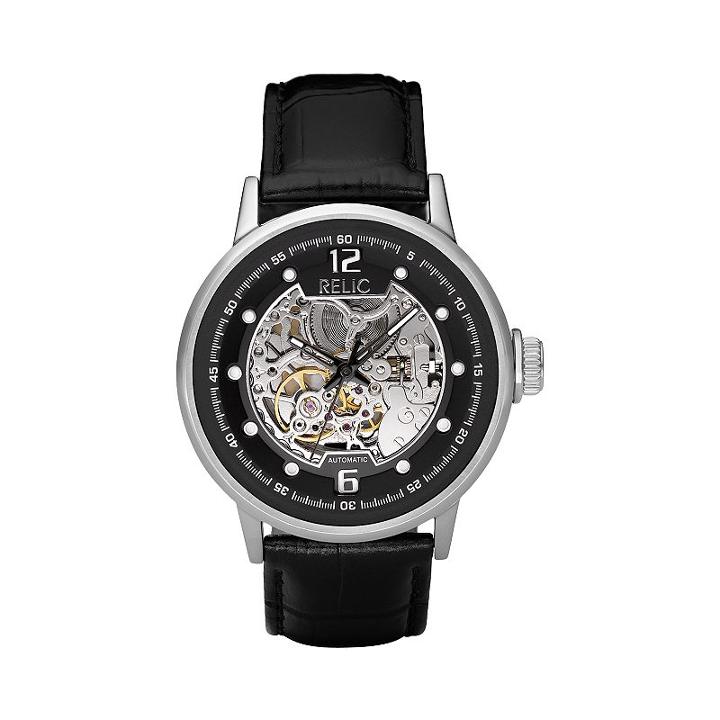 Relic Men's Leather Automatic Skeleton Watch, Size: Large, Black