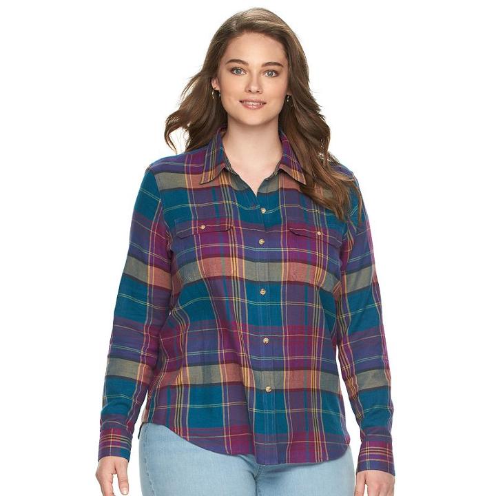 Plus Size Chaps Plaid Twill Button-down Shirt, Women's, Size: 3xl, Pink Ovrfl