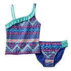 Girls 7-16 So&reg; Tribal Print Stripe 2-pc. Asymmetrical Tankini Swimsuit Set, Girl's, Size: L(12), Turquoise/blue (turq/aqua)