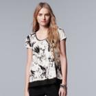 Simply Vera Vera Wang, Petite Print Chiffon-trim Tee, Women's, Size: L Petite, White