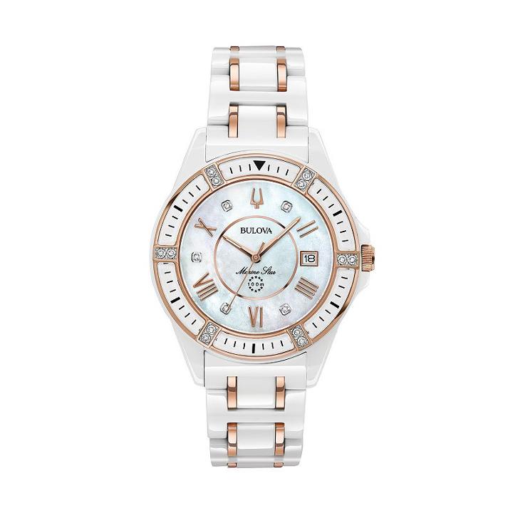 Bulova Women's Marine Star Diamond Ceramic Watch - 98r241, Size: Large, White